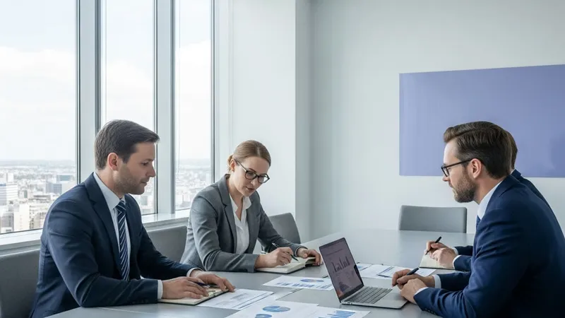Public sector staff reviewing reports around a meeting table.