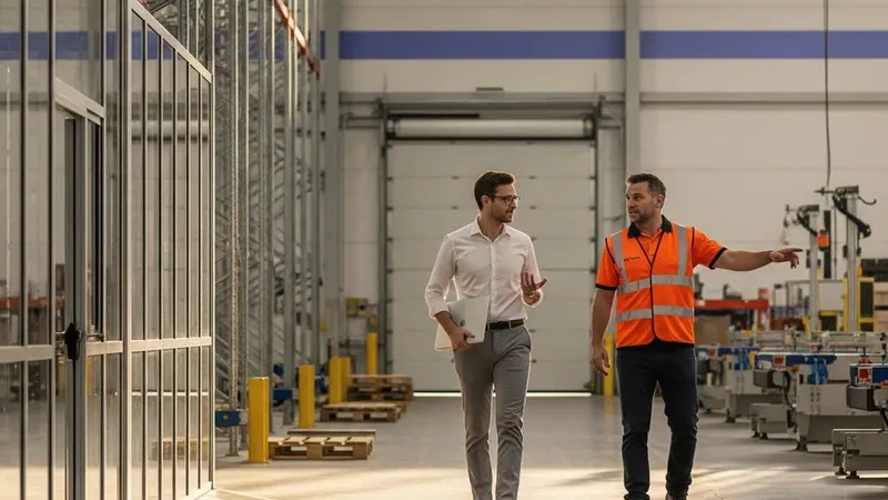 A data specialist walking a logistics floor with an operations manager.