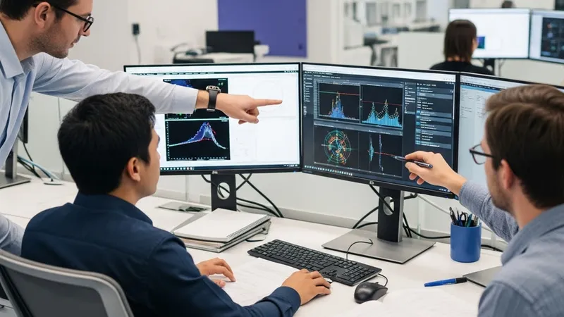 Researchers reading plots together at a dual-monitor workstation.