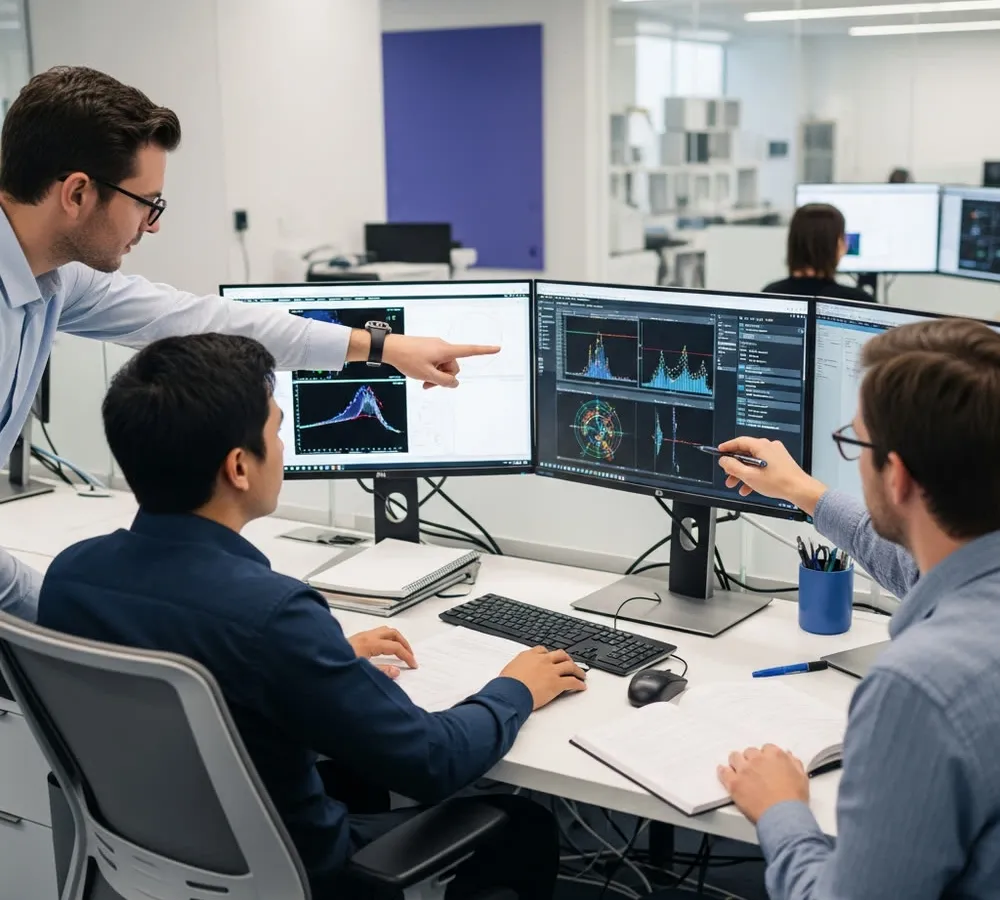 Researchers collaborating around a shared workstation.