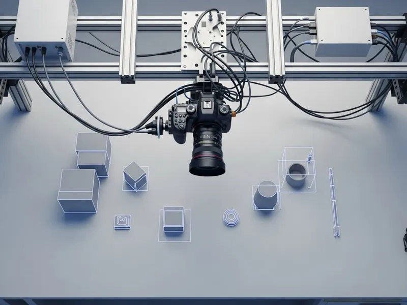 An overhead camera rig positioned above a manufacturing line.
