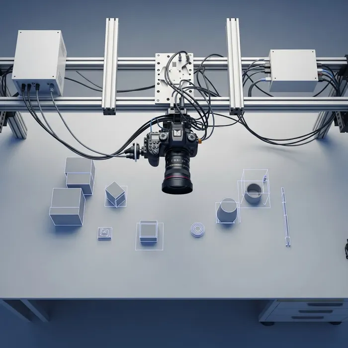 A camera setup inspecting features on a workbench.