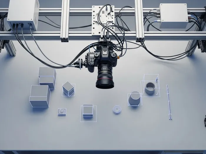 An overhead camera rig inspecting parts on a workbench.