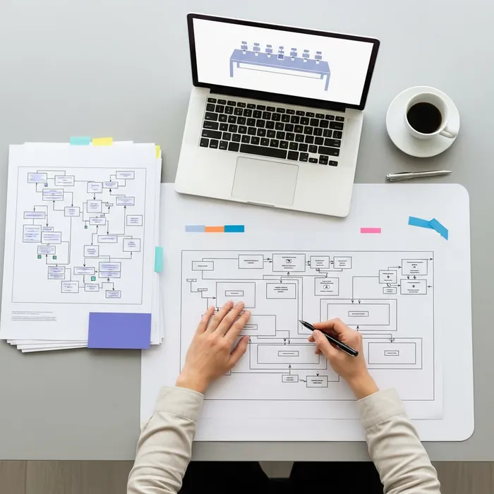 Printed data schema diagrams being annotated at a desk.