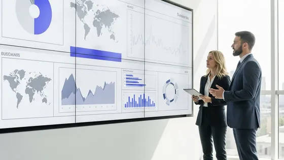 Large analytical displays showing project outcomes to a room.
