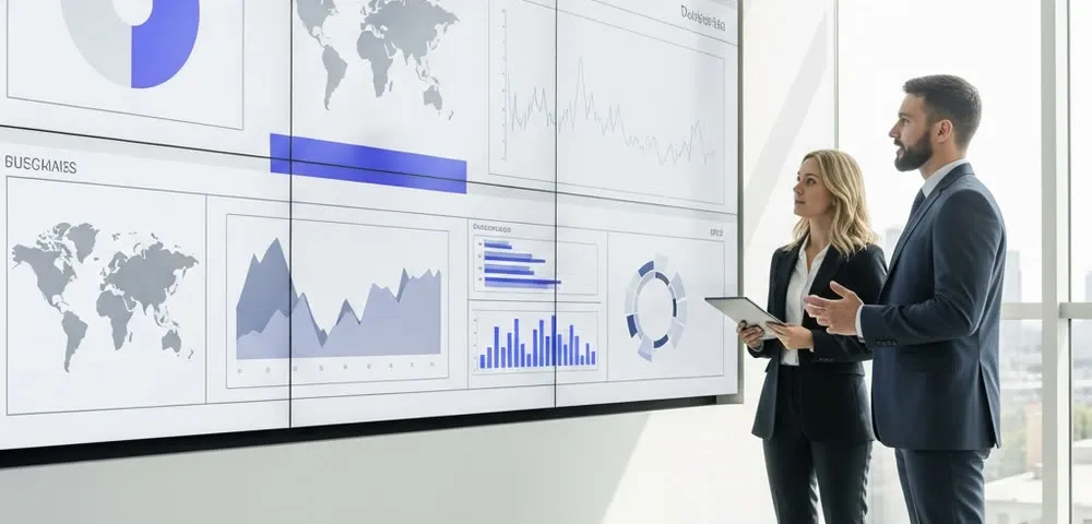 Large analytical displays showing project outcomes to a room.