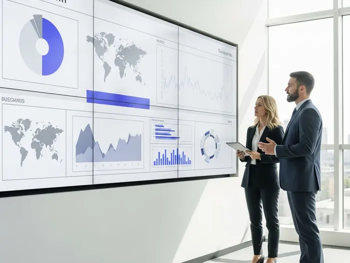 A wall display of charts and maps in an operations room.