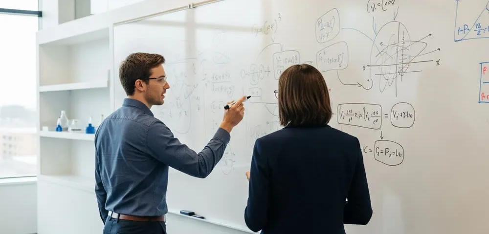 Researchers mapping a technical pathway at a whiteboard.