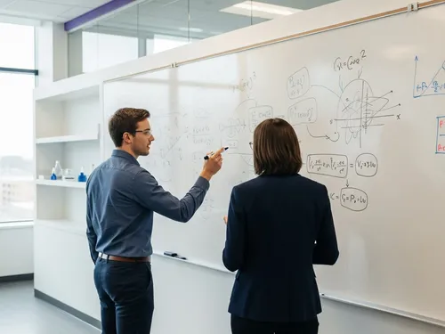 Researchers mapping a technical pathway at a whiteboard.