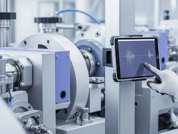 Sensor readings on a tablet mounted beside plant machinery.